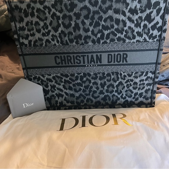 Christian Dior Gray Leopard Mizza Embroidery Large Tote - Picture 1 of 6